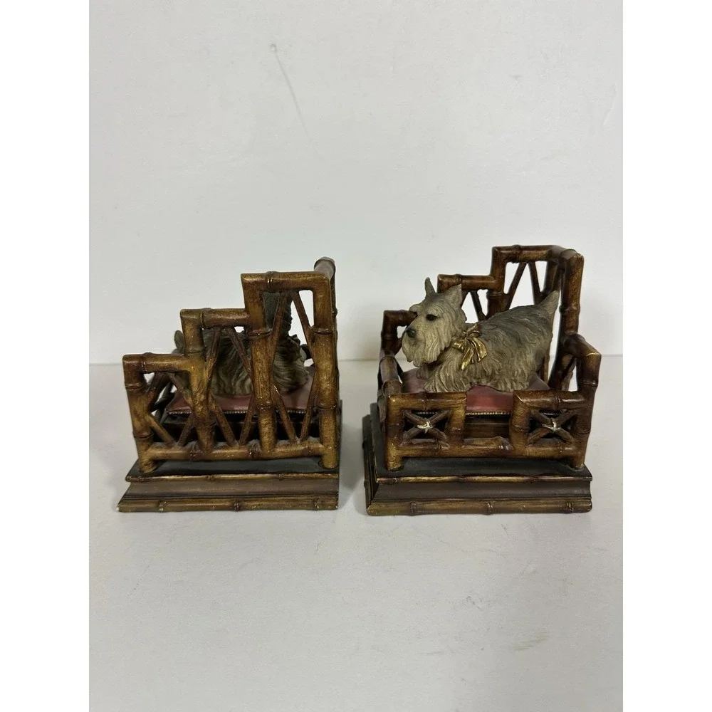Vtg Scottie/Schnauzers Terriers Bamboo Dog Beds Bookends Resin Pair Chinoiserie